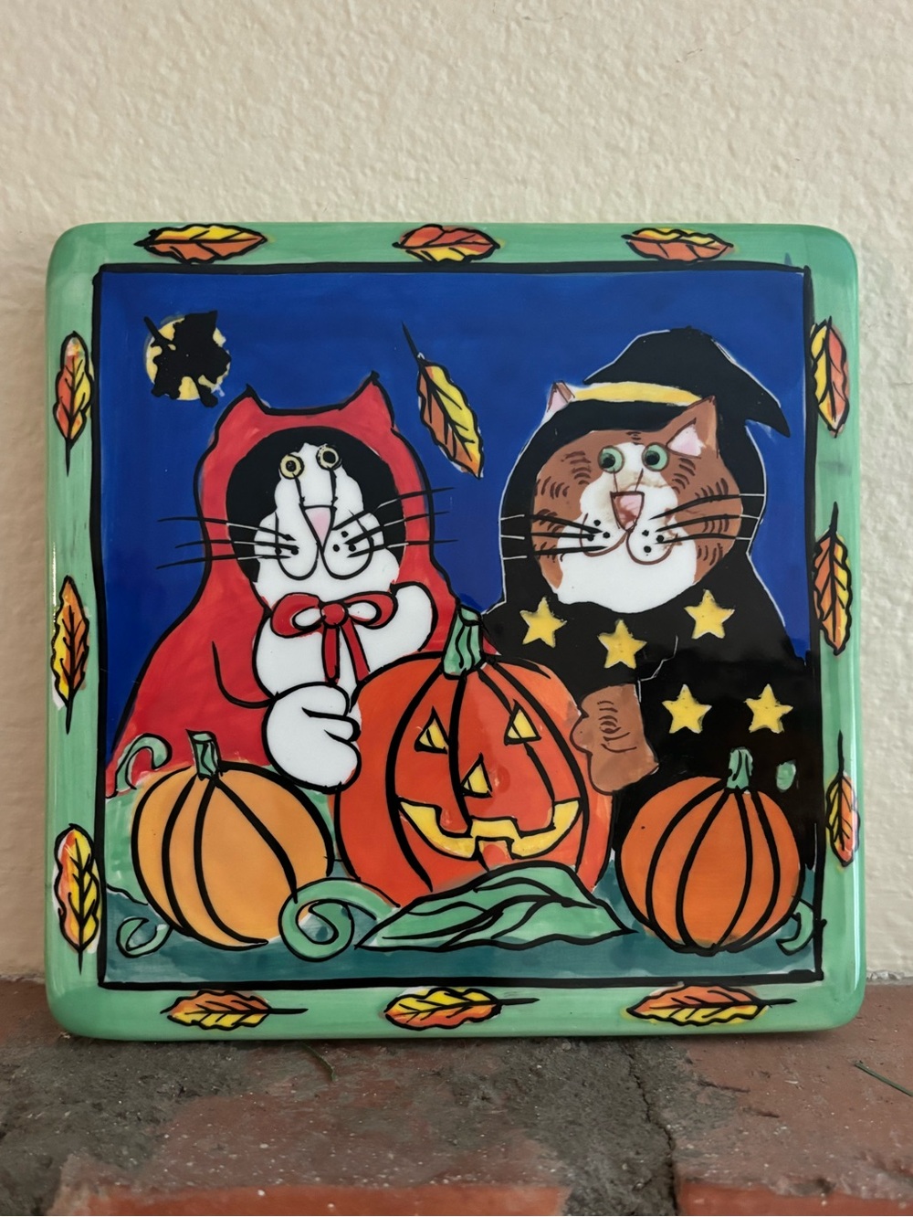 Vintage Candace Reiter Catzilla Halloween Cats Ceramic Trivet